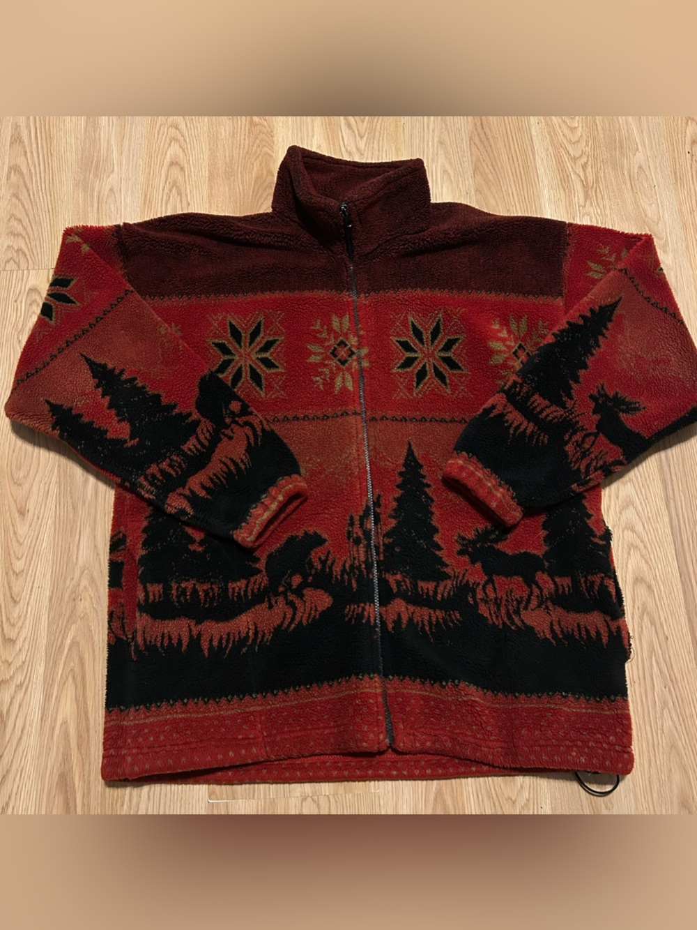 Andrea Faye Redhead Plush Fleece Moose Jacket Sz Large Zip Up Unisex *Made USA*